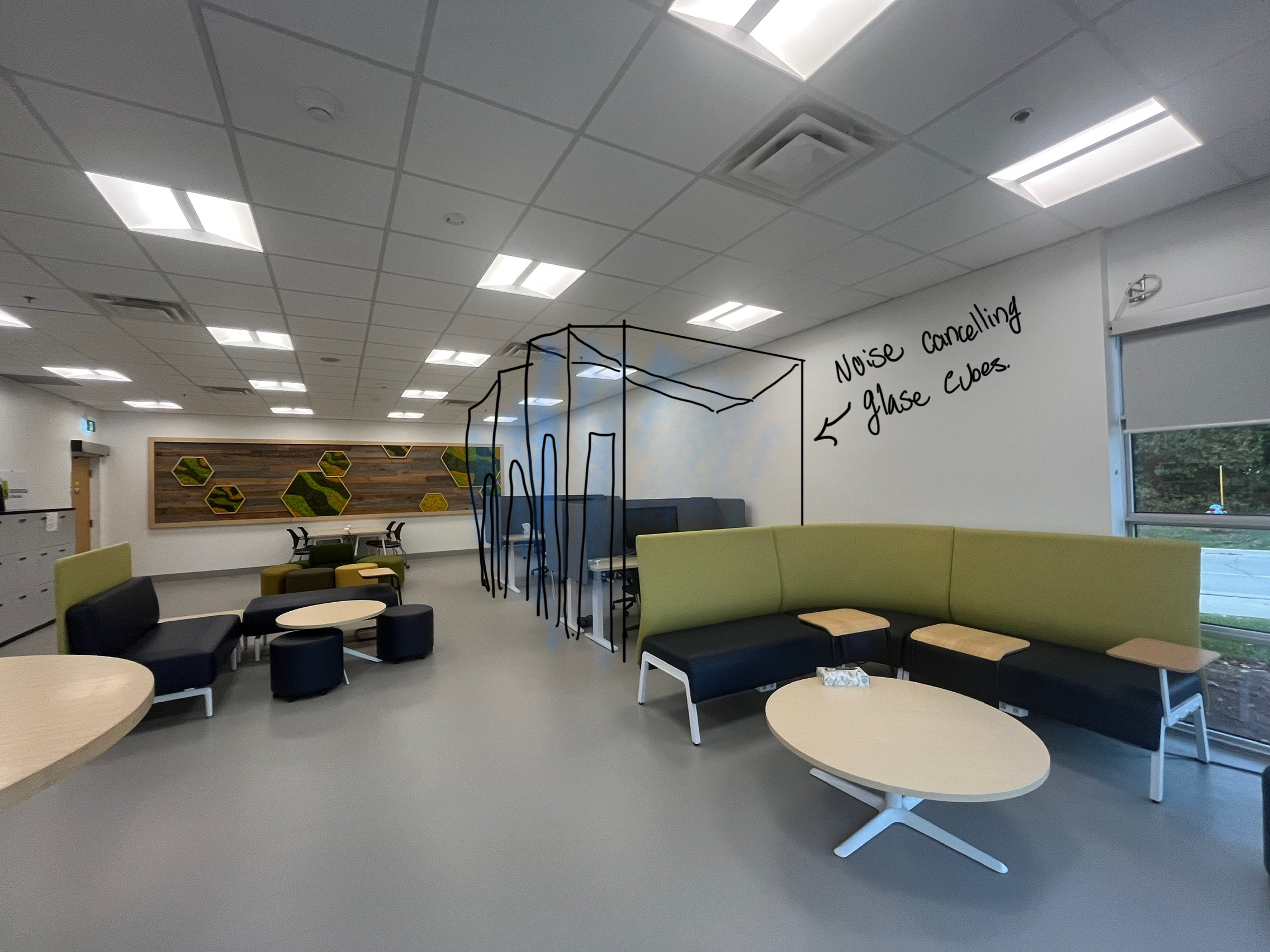 Idea 1 is to creating seperate work cubicales that are noise cancelling. Sometimes mutiple different student research assistants need to take different meetings and so it get's a bit tricky navigating that. <a href='https://www.youtube.com/embed/tgbNymZ7vqY' target='_blank'><p>Project Video Link</p></a>